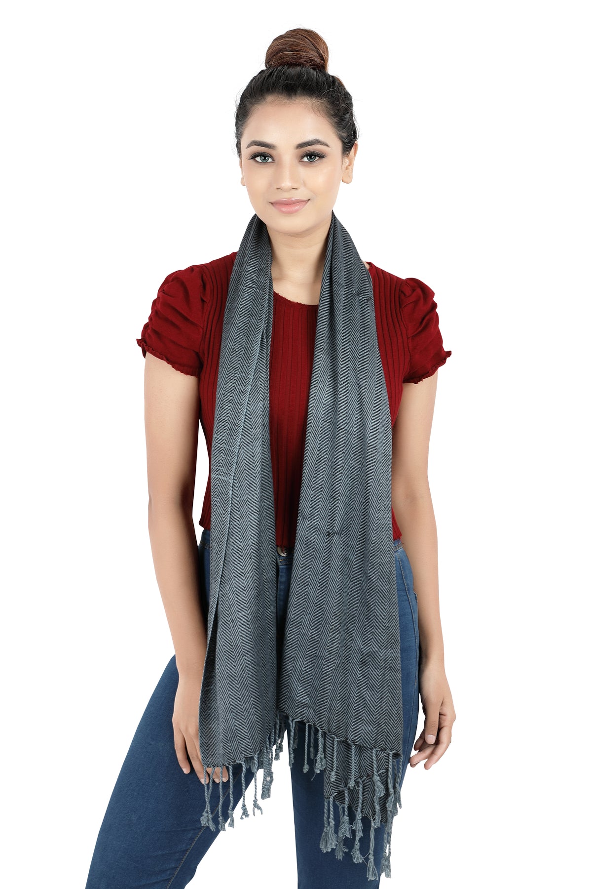 In-Sattva Gray zigzag striped rayon scarf stole, additional product image highlighting its color and woven detailing.