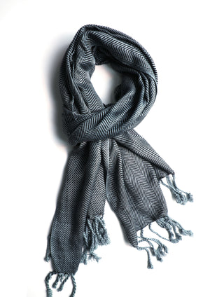 In-Sattva Gray zigzag striped rayon scarf stole, primary product image highlighting its color, pattern and woven texture.