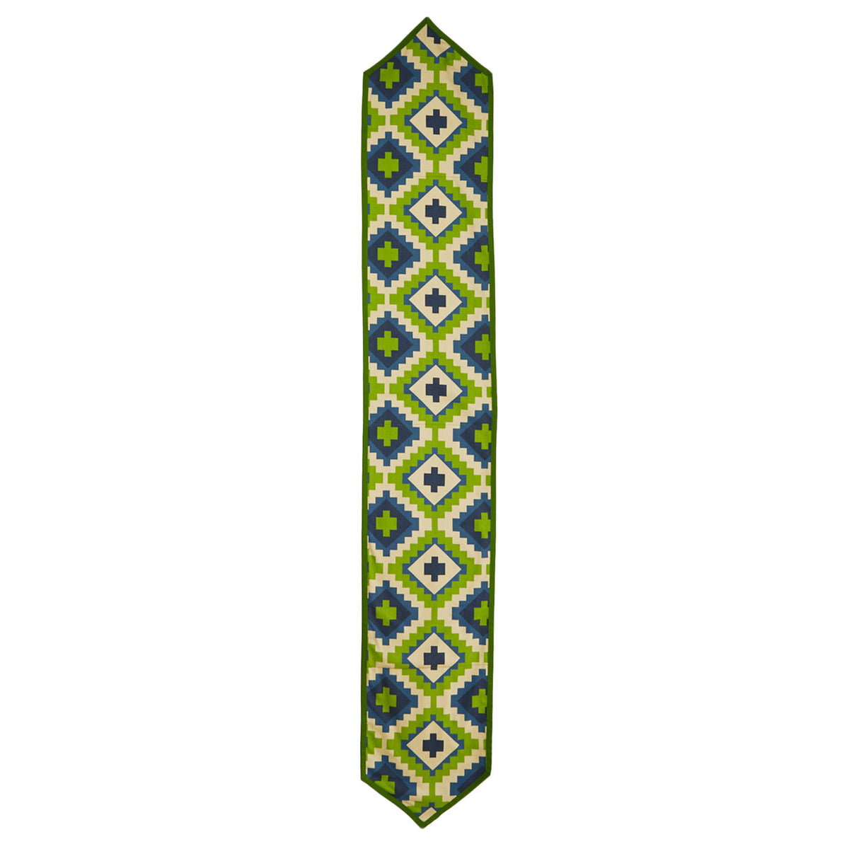 Full view of the In-Sattva green, blue and white bohemian print cotton table runner