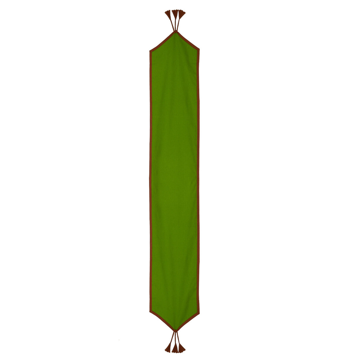 Full view of the In-Sattva green solid cotton table runner with brown trim and tassel fringe