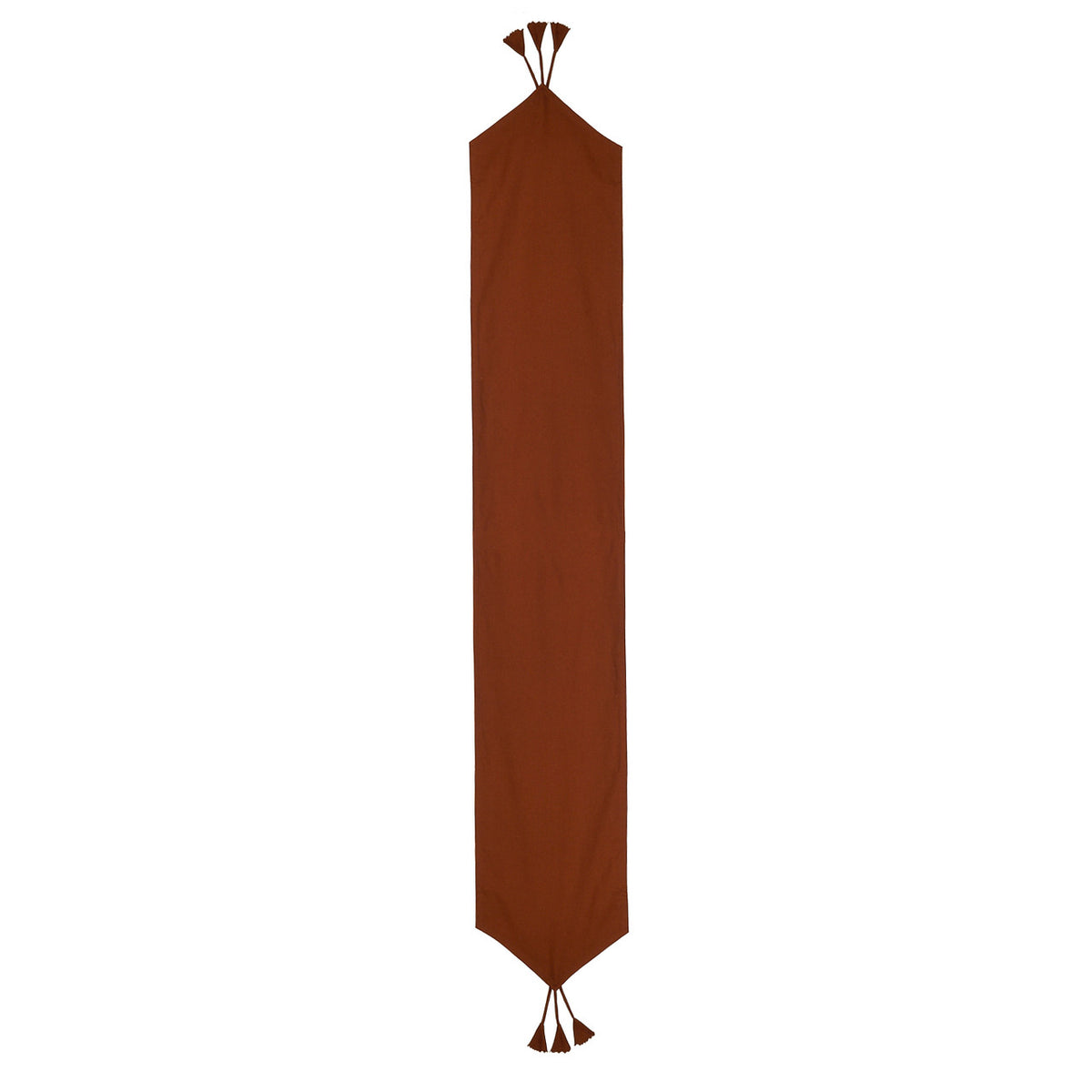 Brown reverse side of the In-Sattva green solid cotton table runner with tassel fringe shown in full