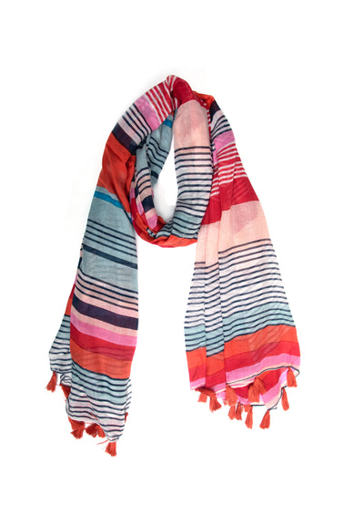 In-Sattva Red bohemian artisan rayon scarf stole, alternate product image showing its artisan pattern and lightweight drape.