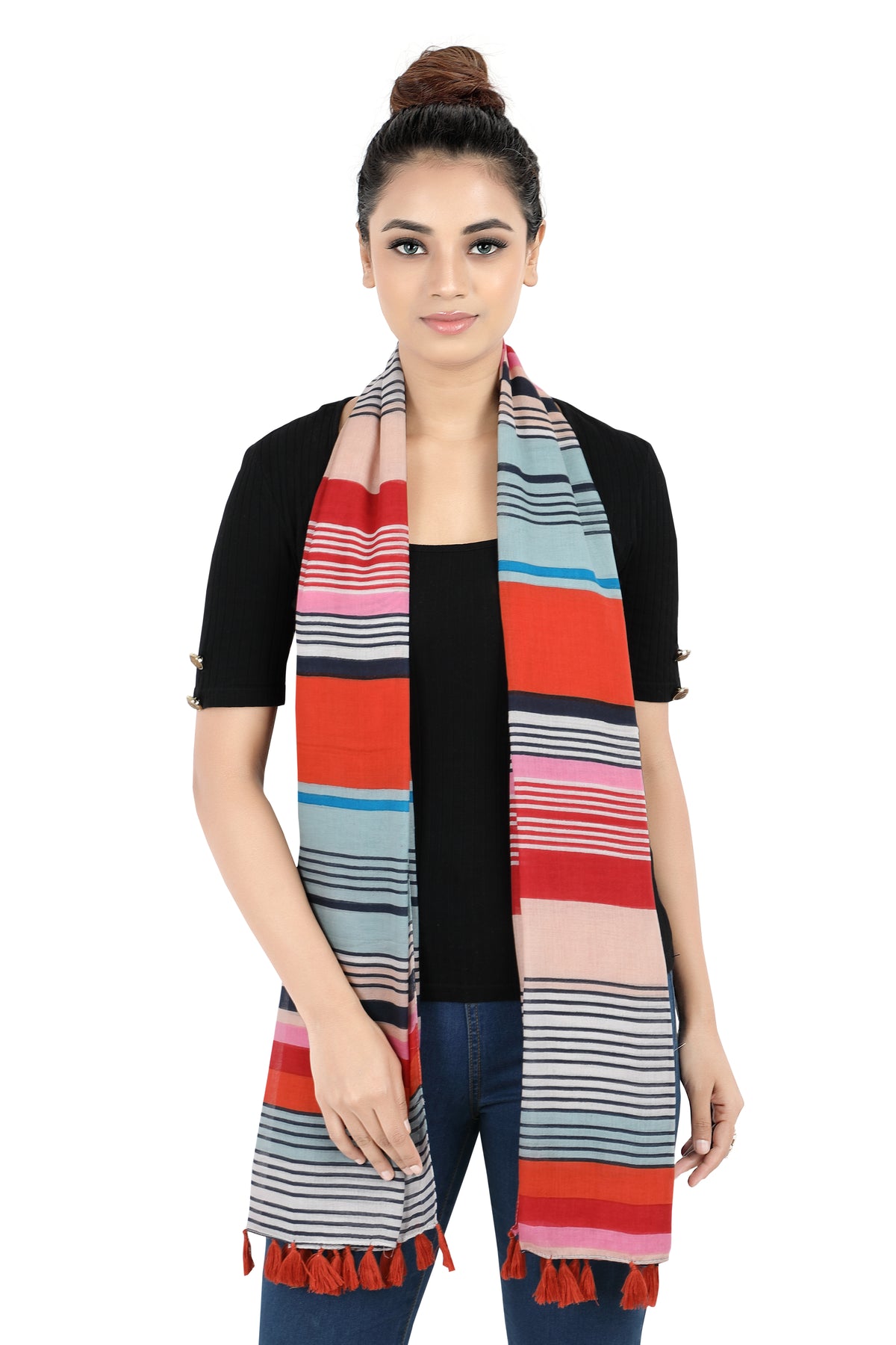 In-Sattva Red bohemian artisan rayon scarf stole, detail-oriented product image showing the scarf's artisan finish.