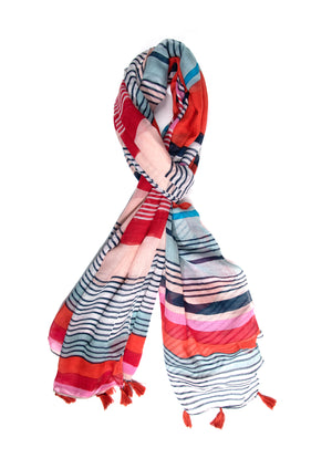 In-Sattva Red bohemian artisan rayon scarf stole, primary product image highlighting its color, pattern and woven texture.