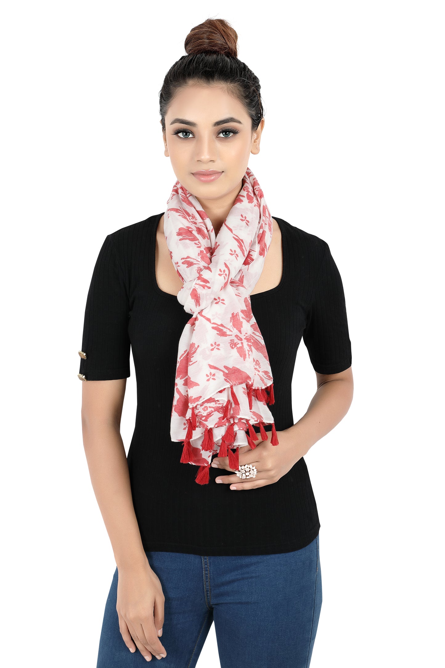 In-Sattva Pink floral printed rayon scarf stole, detail-oriented product image showing the scarf's artisan finish.
