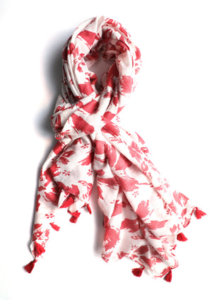 In-Sattva Pink floral printed rayon scarf stole, primary product image highlighting its color, pattern and woven texture.