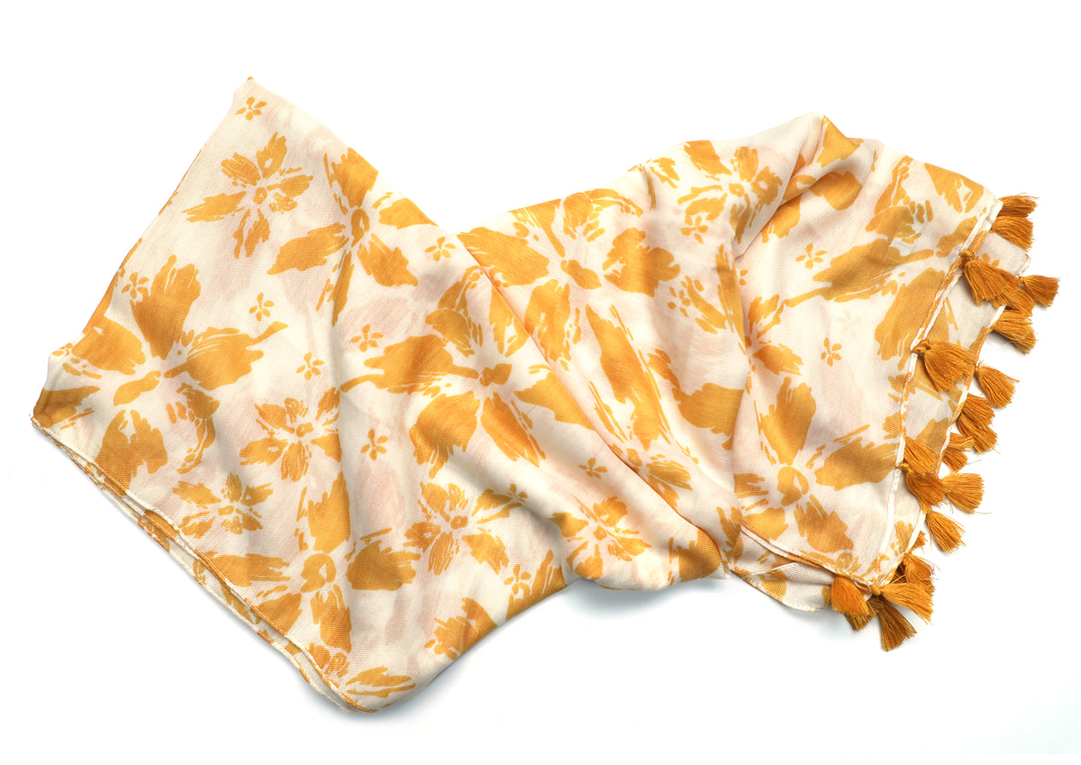 In-Sattva Yellow floral printed rayon scarf stole, additional product image highlighting its color and woven detailing.