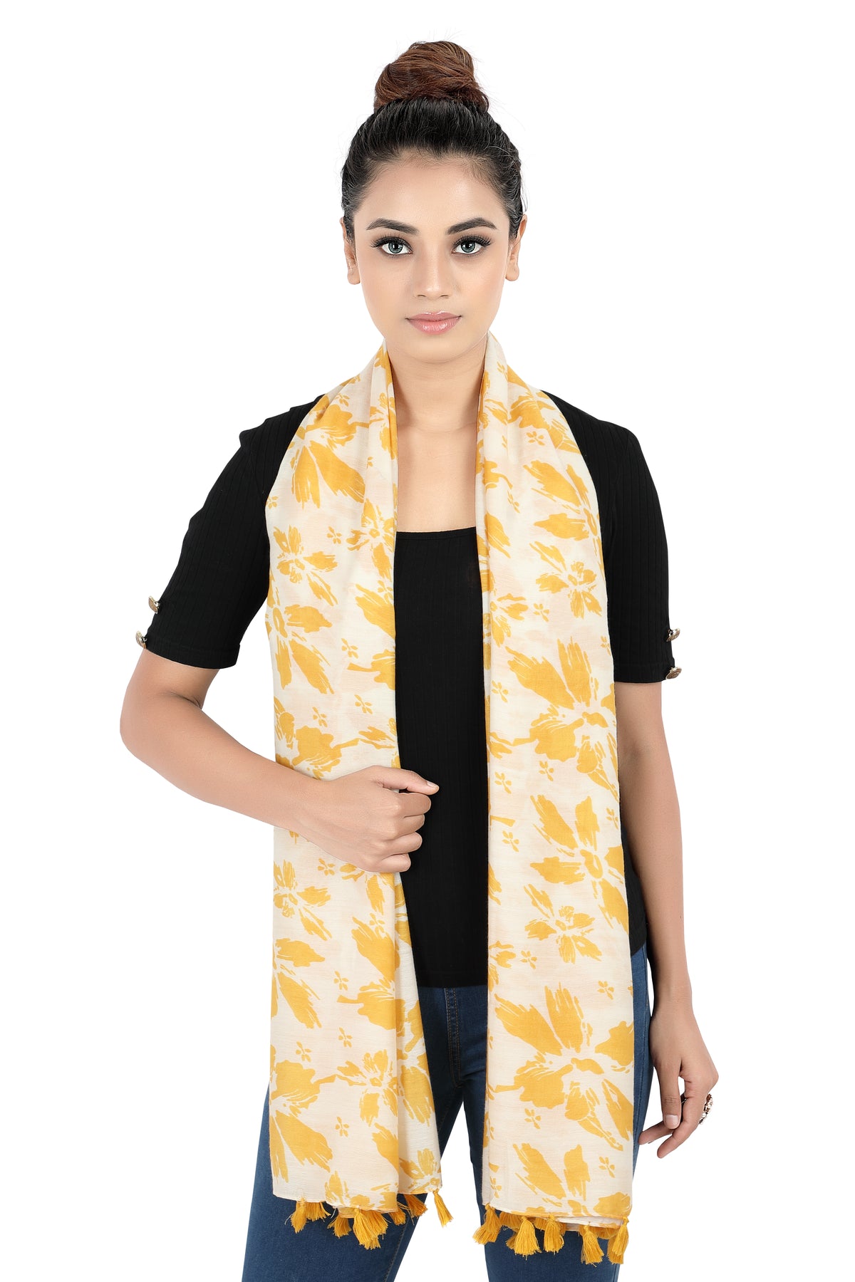 In-Sattva Yellow floral printed rayon scarf stole, detail-oriented product image showing the scarf's artisan finish.