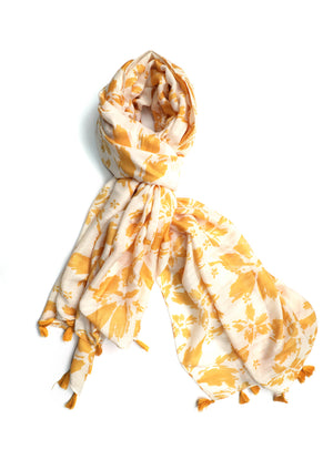 In-Sattva Yellow floral printed rayon scarf stole, primary product image highlighting its color, pattern and woven texture.