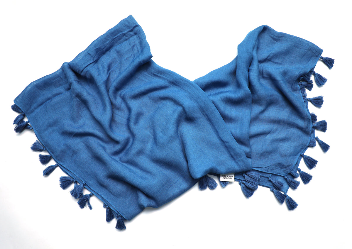 In-Sattva Blue solid color rayon scarf stole, additional product image highlighting its color and woven detailing.