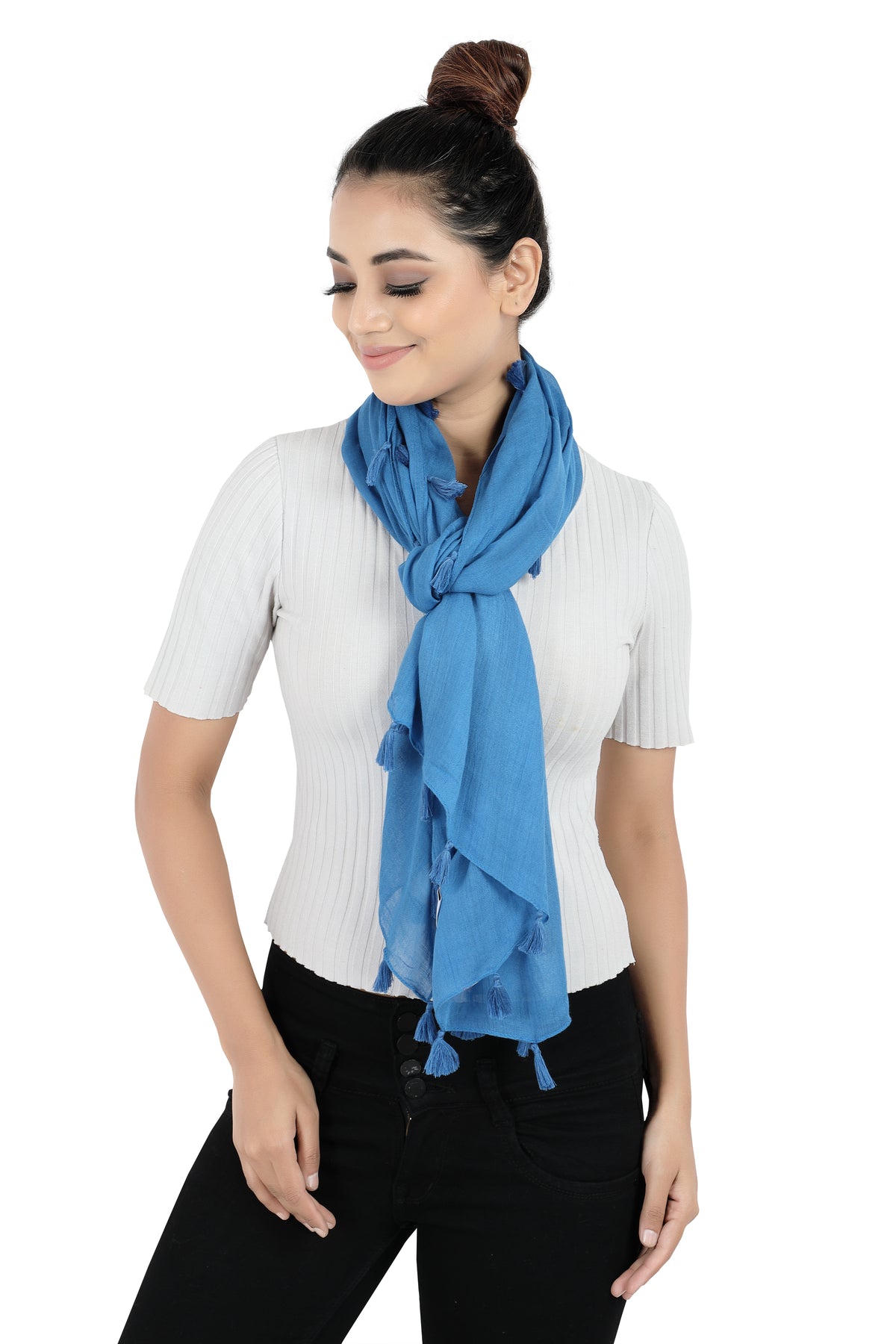 In-Sattva Blue solid color rayon scarf stole, detail-oriented product image showing the scarf's artisan finish.