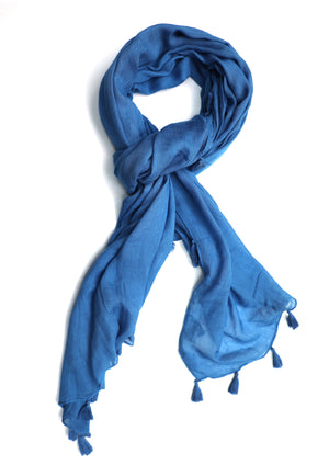 In-Sattva Blue solid color rayon scarf stole, primary product image highlighting its color, pattern and woven texture.