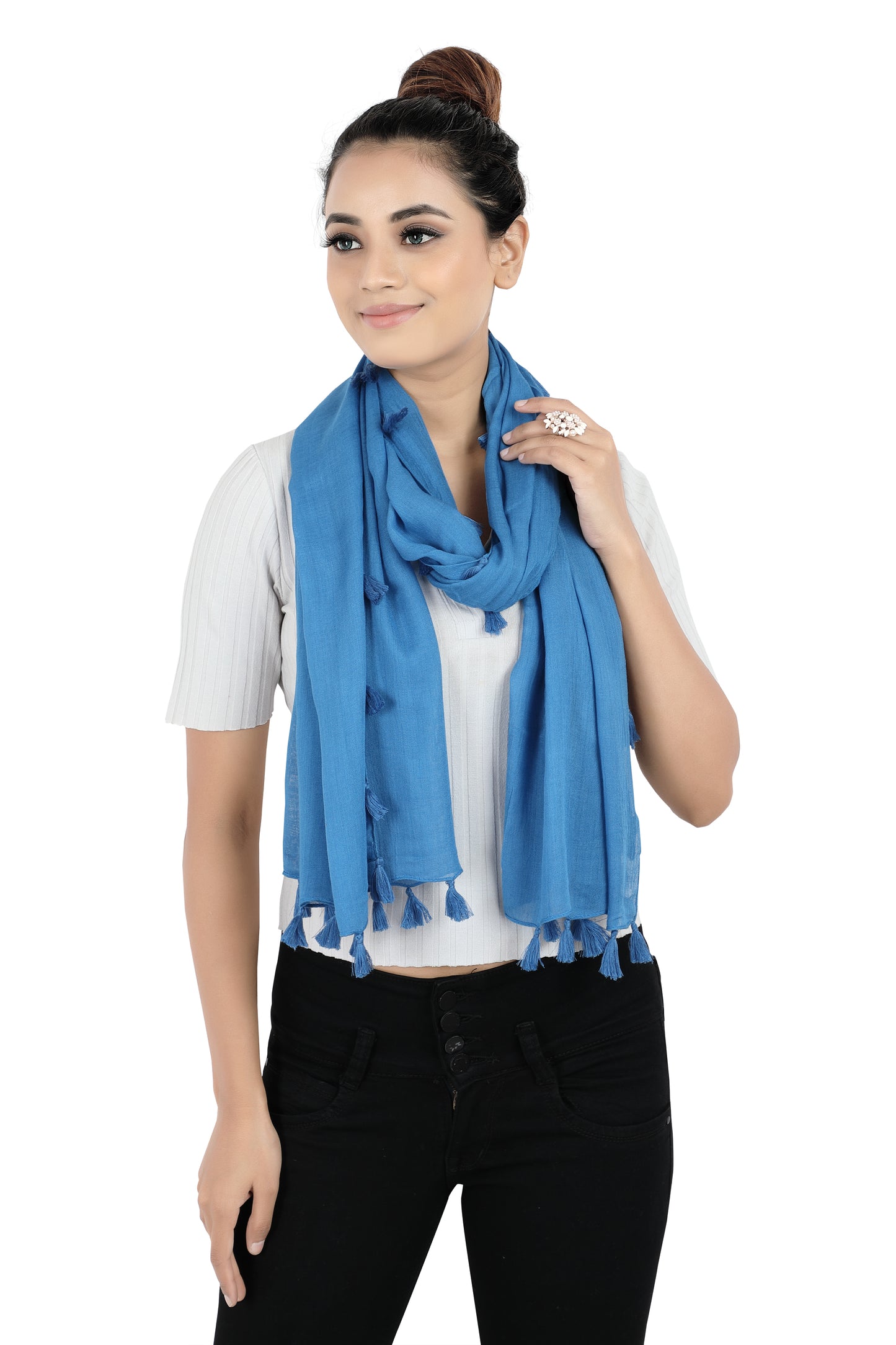 In-Sattva Blue solid color rayon scarf stole, product image highlighting its soft texture and easy drape.