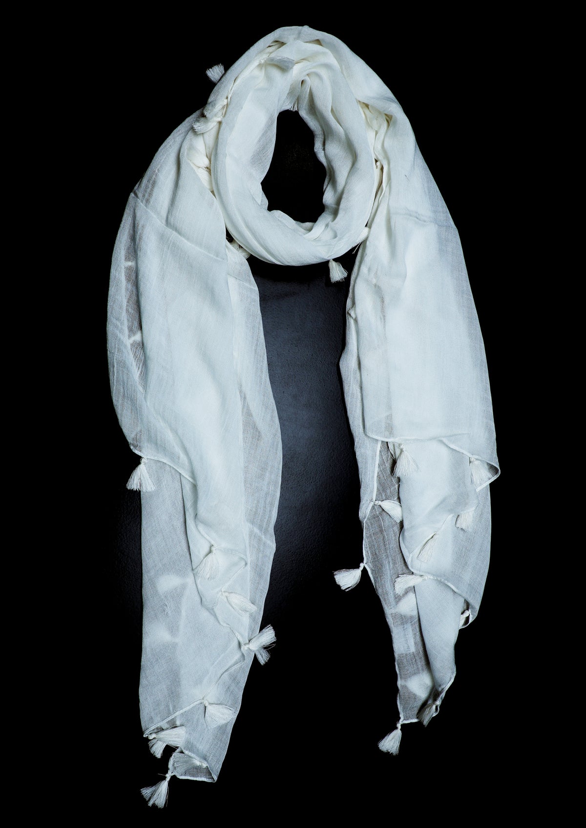 In-Sattva White solid color rayon scarf stole, alternate product image showing its artisan pattern and lightweight drape.