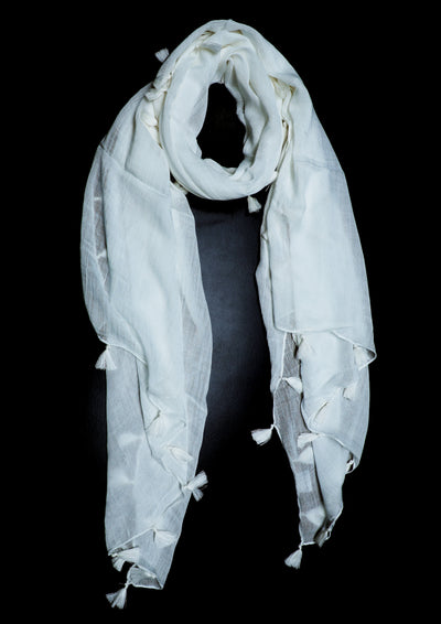 In-Sattva White solid color rayon scarf stole, alternate product image showing its artisan pattern and lightweight drape.