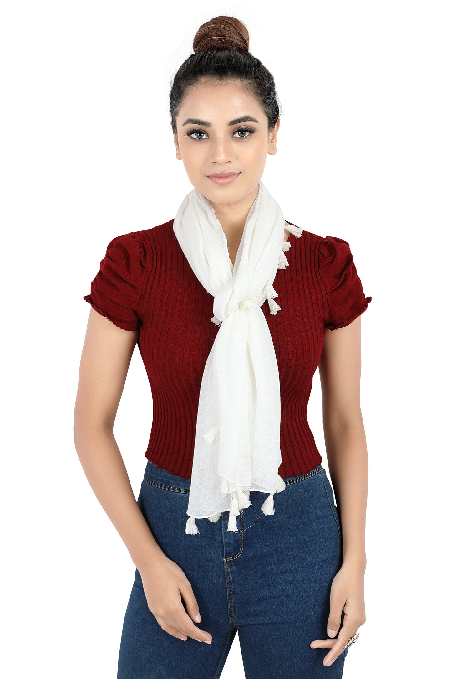 In-Sattva White solid color rayon scarf stole, detail-oriented product image showing the scarf's artisan finish.