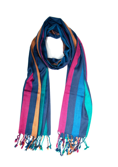 In-Sattva Blue striped handwoven rayon scarf stole, alternate product image showing its artisan pattern and lightweight drape.
