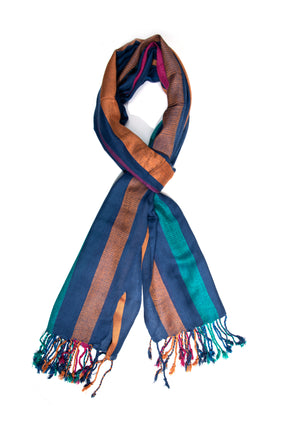 In-Sattva Blue striped handwoven rayon scarf stole, primary product image highlighting its color, pattern and woven texture.