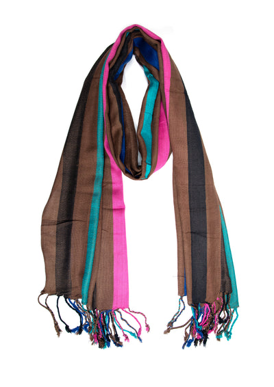 In-Sattva Brown striped handwoven rayon scarf stole, alternate product image showing its artisan pattern and lightweight drape.