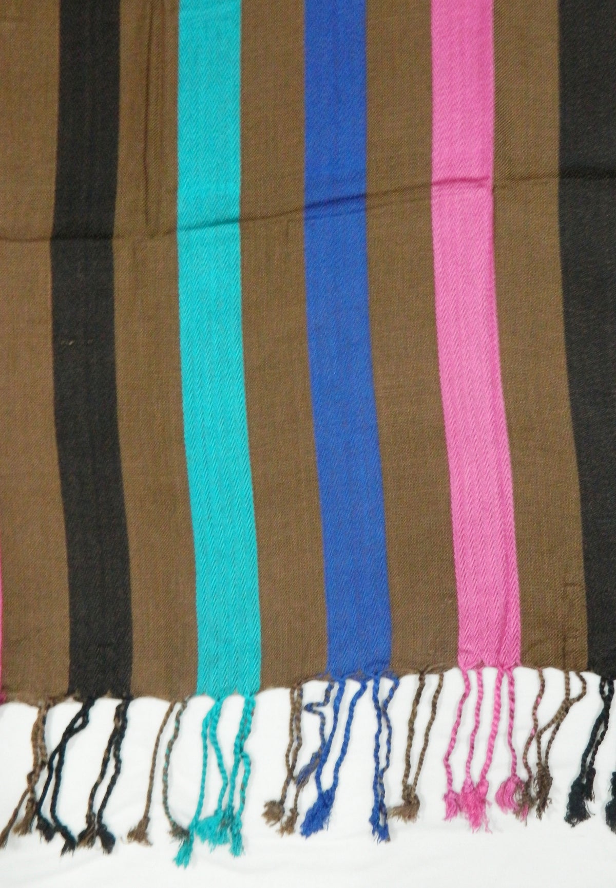 In-Sattva Brown striped handwoven rayon scarf stole, detail-oriented product image showing the scarf's artisan finish.