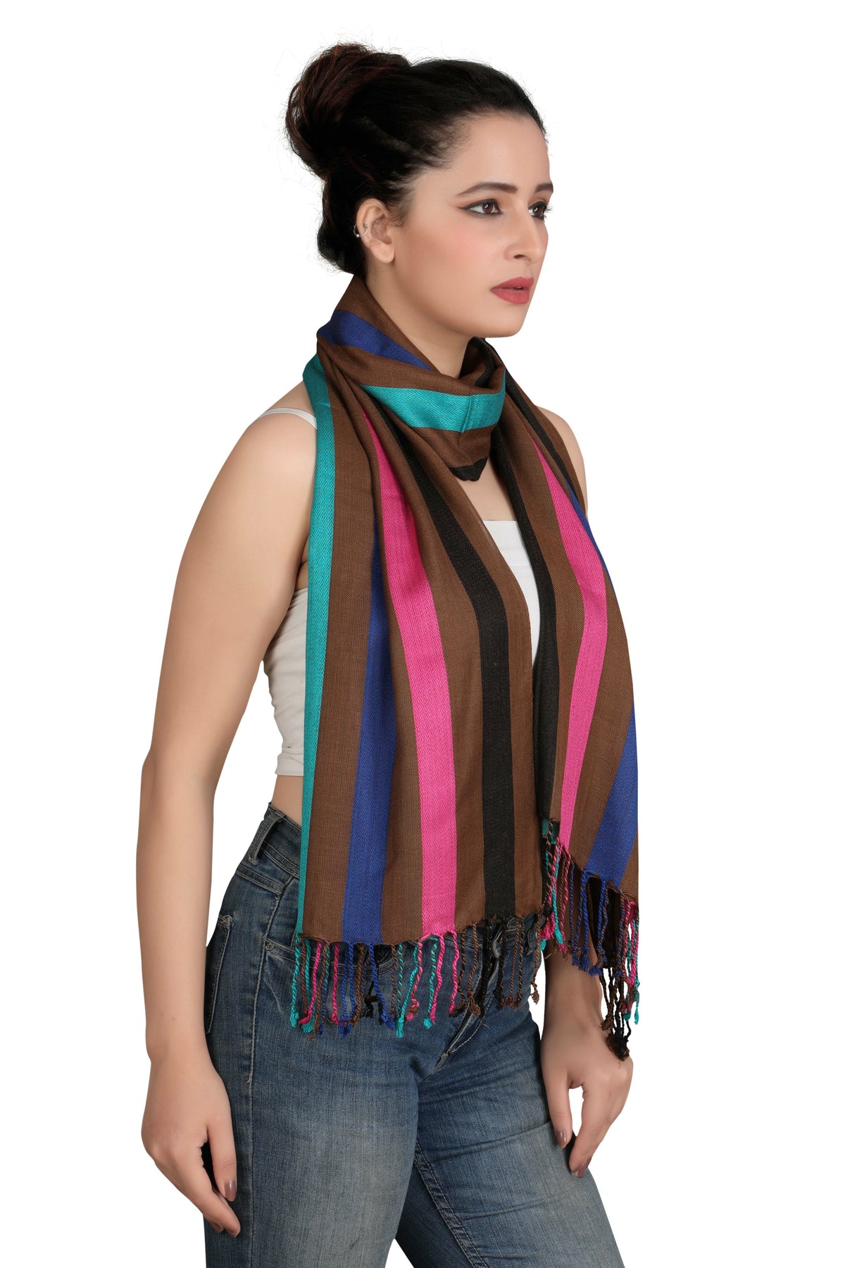 In-Sattva Brown striped handwoven rayon scarf stole, product image emphasizing its pattern and handcrafted character.