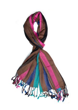 In-Sattva Brown striped handwoven rayon scarf stole, primary product image highlighting its color, pattern and woven texture.