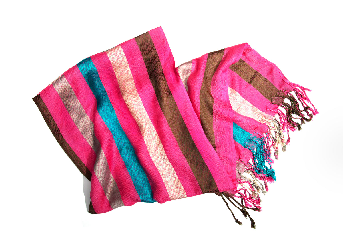 In-Sattva Pink/Beige/Blue tassel border rayon scarf stole, additional product image highlighting its color and woven detailing.