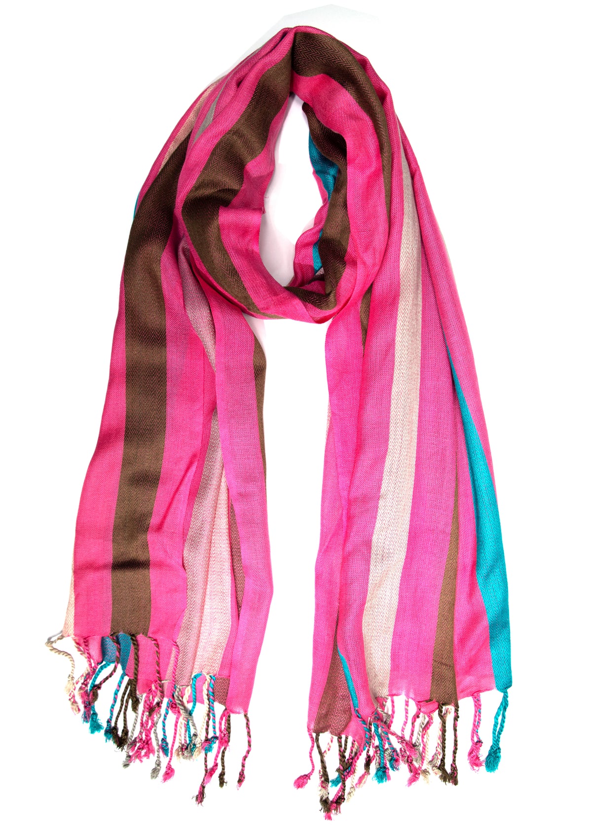 In-Sattva Pink/Beige/Blue tassel border rayon scarf stole, alternate product image showing its artisan pattern and lightweight drape.