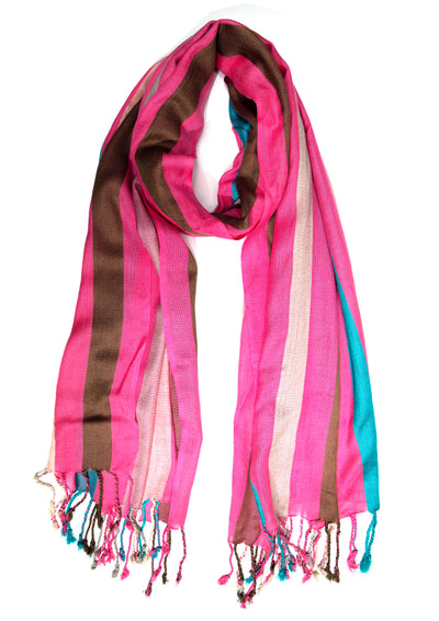 In-Sattva Pink/Beige/Blue tassel border rayon scarf stole, alternate product image showing its artisan pattern and lightweight drape.