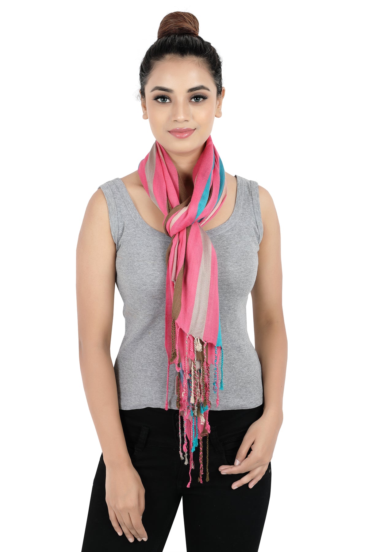 In-Sattva Pink/Beige/Blue tassel border rayon scarf stole, detail-oriented product image showing the scarf's artisan finish.