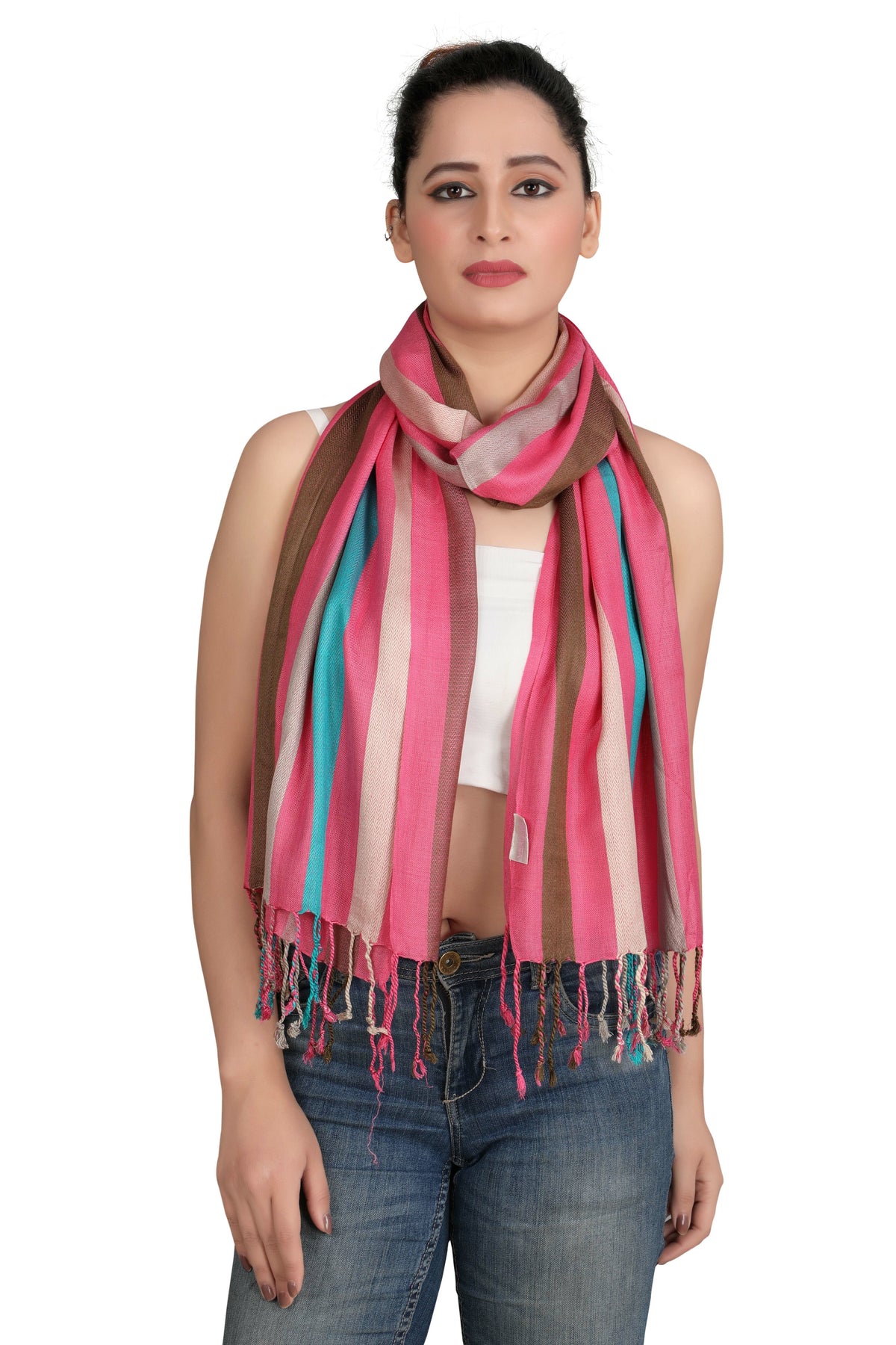 In-Sattva Pink/Beige/Blue tassel border rayon scarf stole, product image emphasizing its pattern and handcrafted character.