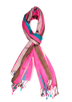 In-Sattva Pink/Beige/Blue tassel border rayon scarf stole, primary product image highlighting its color, pattern and woven texture.