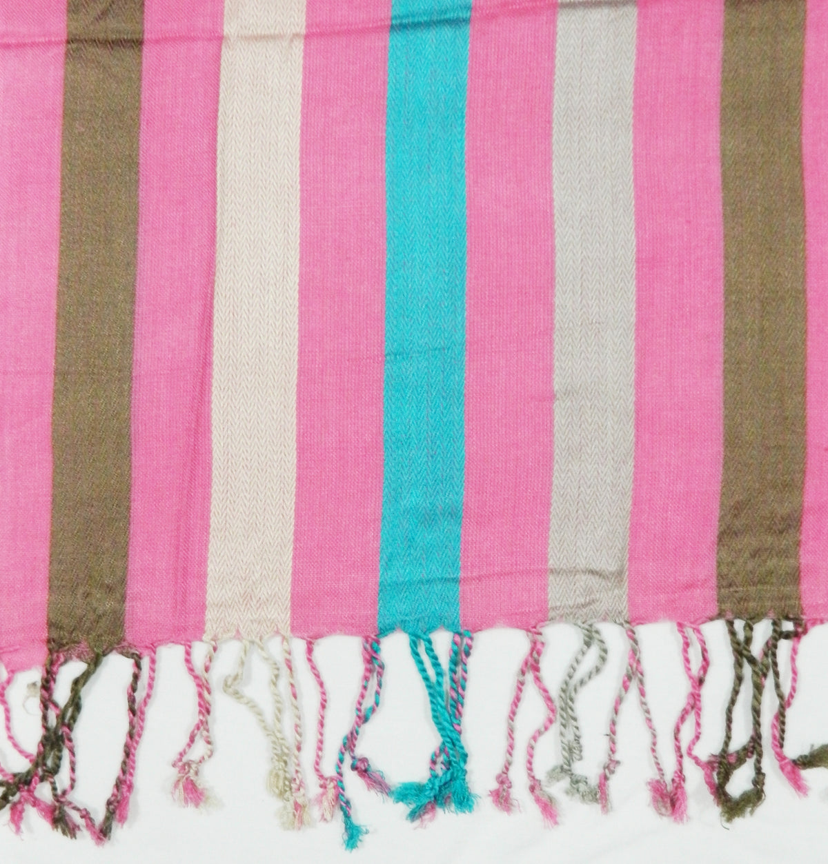 In-Sattva Pink/Beige/Blue tassel border rayon scarf stole, styling image showing the scarf as a versatile everyday layer.