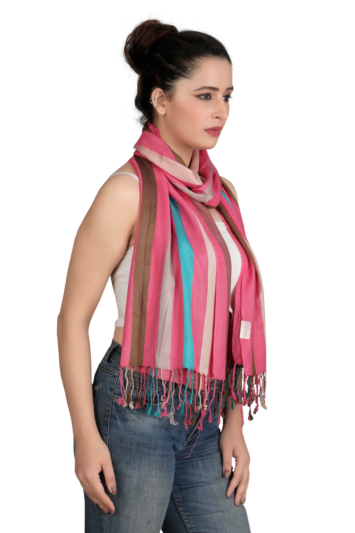 In-Sattva Pink/Beige/Blue tassel border rayon scarf stole, product image highlighting its soft texture and easy drape.