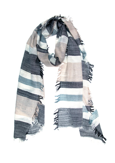 In-Sattva Blue Gray Beige artisan handwoven rayon scarf stole, alternate product image showing its artisan pattern and lightweight drape.