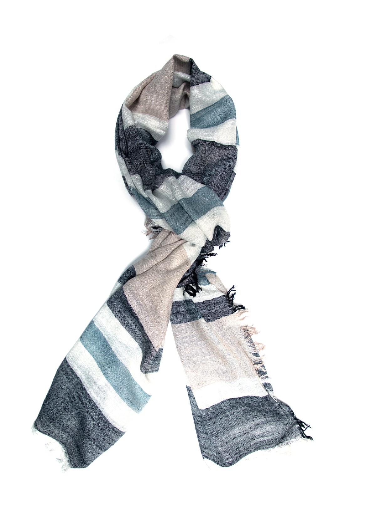 In-Sattva Blue Gray Beige artisan handwoven rayon scarf stole, primary product image highlighting its color, pattern and woven texture.