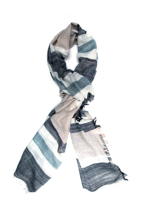 In-Sattva Blue Gray Beige artisan handwoven rayon scarf stole, primary product image highlighting its color, pattern and woven texture.