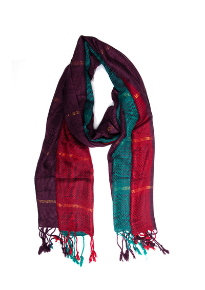 In-Sattva Red, Blue, Purple artisan handwoven cotton scarf stole, alternate product image showing its artisan pattern and lightweight drape.