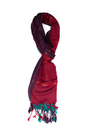 In-Sattva Red, Blue, Purple artisan handwoven cotton scarf stole, primary product image highlighting its color, pattern and woven texture.