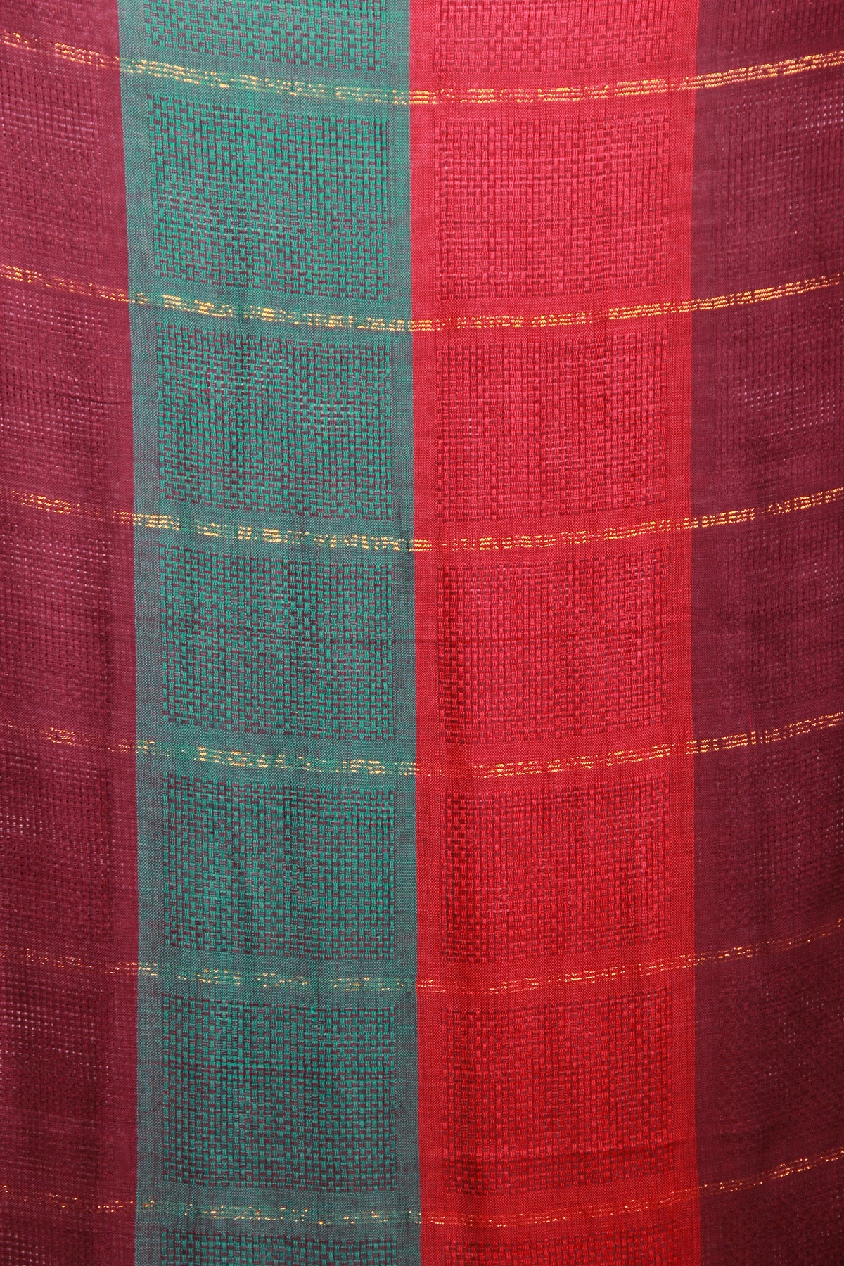 In-Sattva Red, Blue, Purple artisan handwoven cotton scarf stole, styling image showing the scarf as a versatile everyday layer.