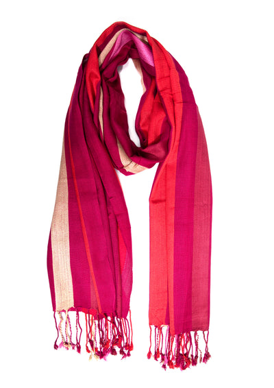 In-Sattva Red striped handwoven rayon scarf stole, alternate product image showing its artisan pattern and lightweight drape.
