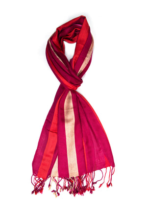 In-Sattva Red striped handwoven rayon scarf stole, primary product image highlighting its color, pattern and woven texture.