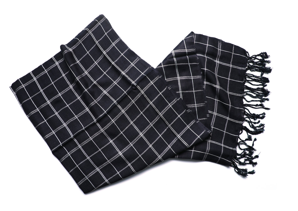 In-Sattva Black checkered handwoven rayon scarf stole, additional product image highlighting its color and woven detailing.