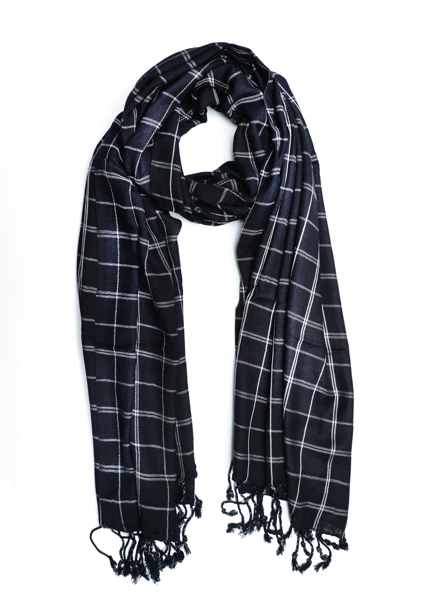 In-Sattva Black checkered handwoven rayon scarf stole, alternate product image showing its artisan pattern and lightweight drape.