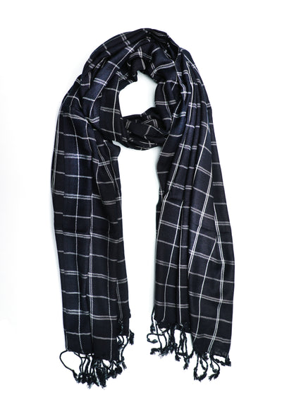 In-Sattva Black checkered handwoven rayon scarf stole, alternate product image showing its artisan pattern and lightweight drape.
