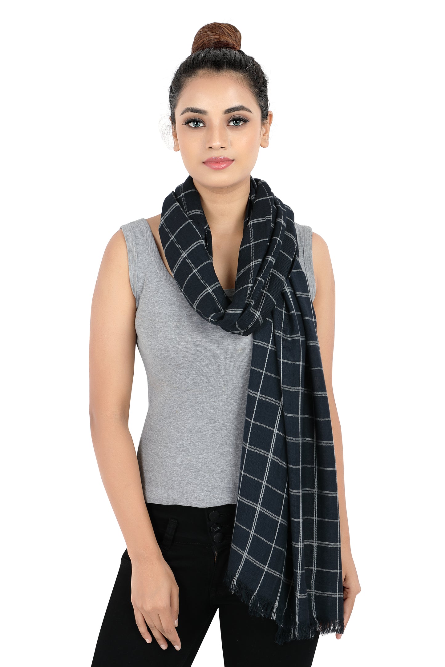 In-Sattva Black checkered handwoven rayon scarf stole, detail-oriented product image showing the scarf's artisan finish.