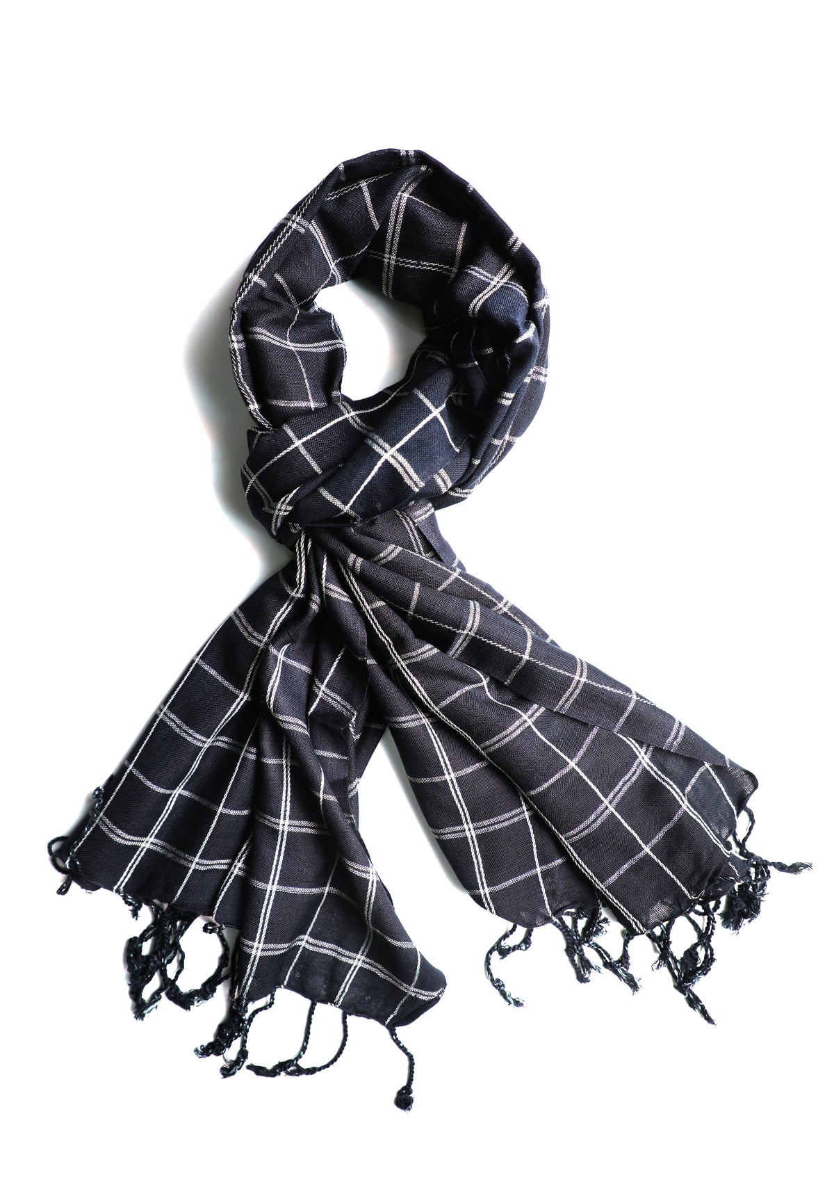 In-Sattva Black checkered handwoven rayon scarf stole, primary product image highlighting its color, pattern and woven texture.