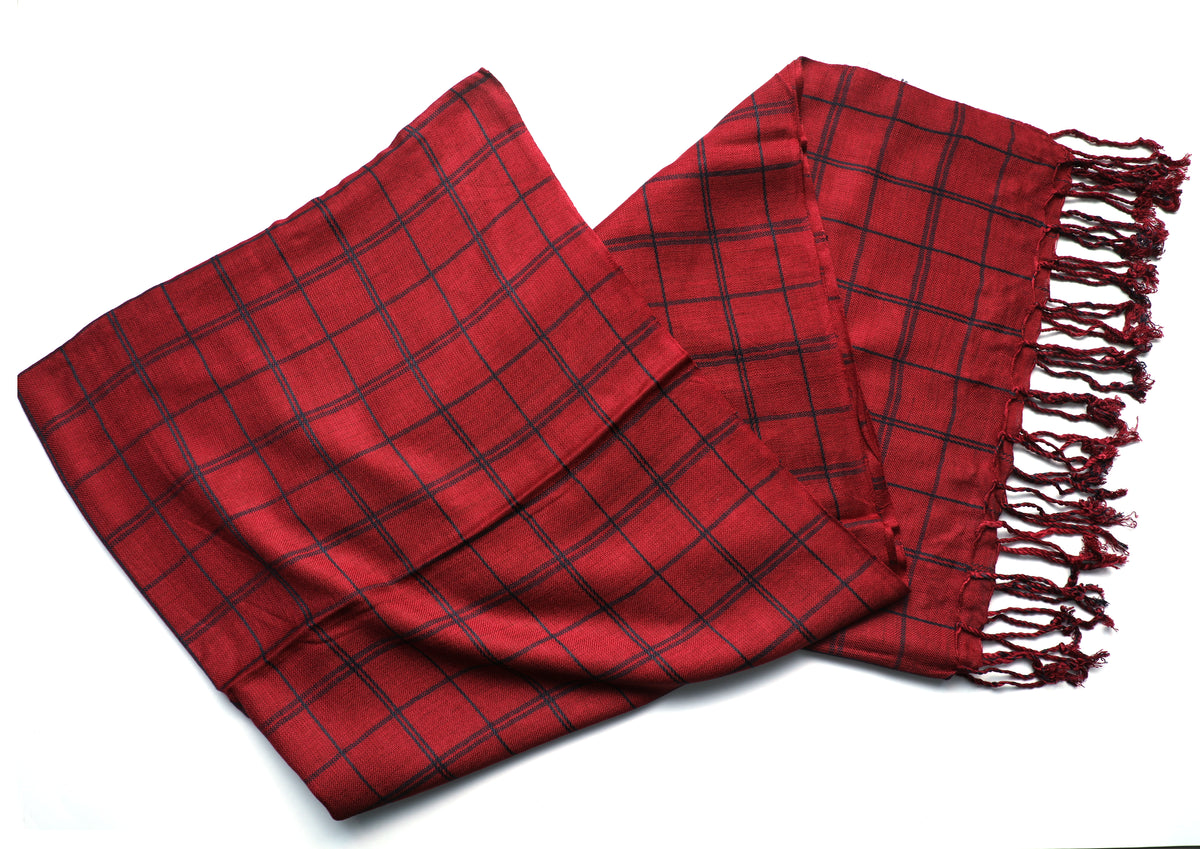 In-Sattva Red checkered handwoven rayon scarf stole, additional product image highlighting its color and woven detailing.