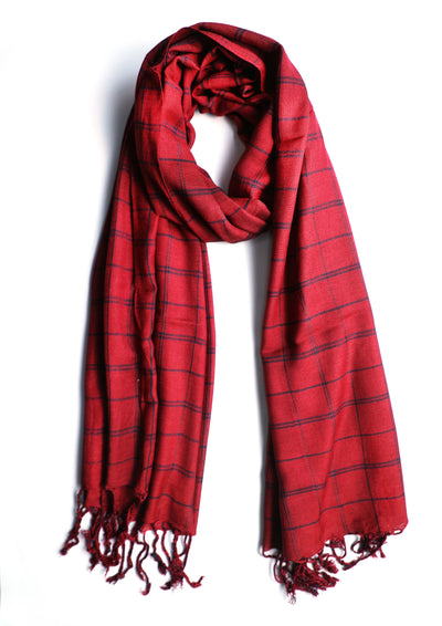 In-Sattva Red checkered handwoven rayon scarf stole, alternate product image showing its artisan pattern and lightweight drape.