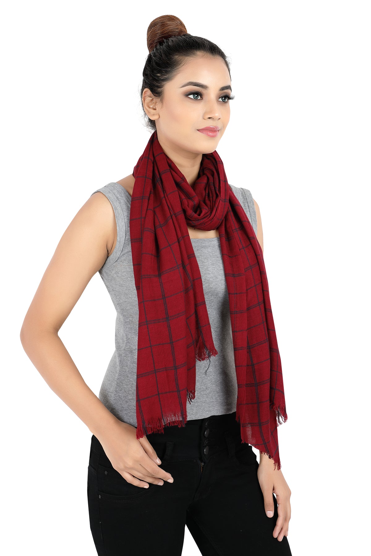 In-Sattva Red checkered handwoven rayon scarf stole, detail-oriented product image showing the scarf's artisan finish.